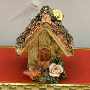 Vintage Silvestri Birdhouse Christmas holiday Ornament Brown Green Yellow Pink